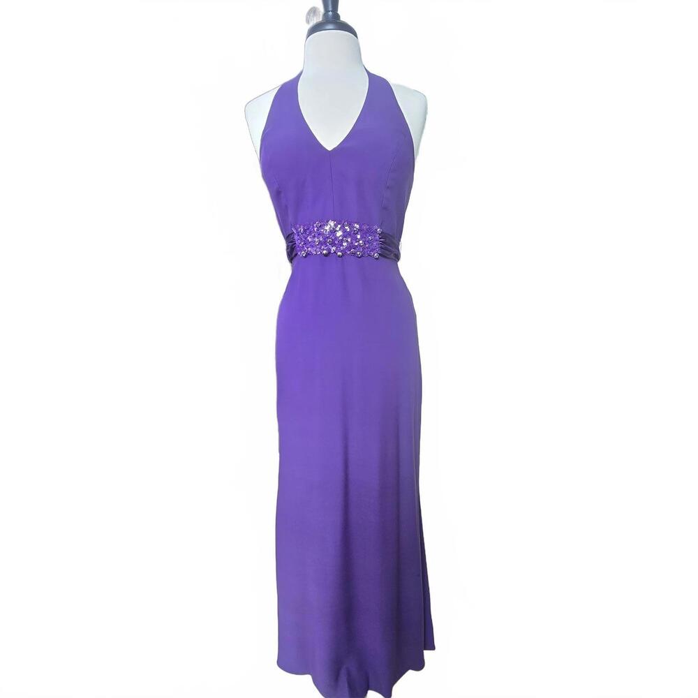 CHETTA B - Elegant Purple Halter Dress with Embellished Waist